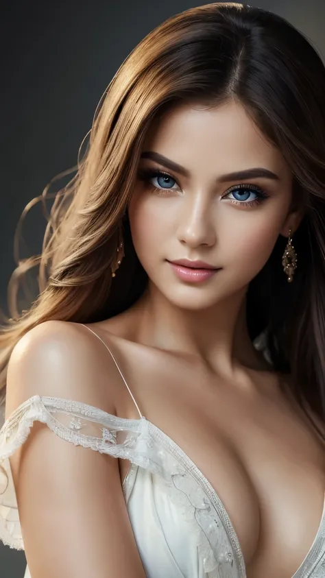 (best quality,highres,masterpiece:1.2),extremely detailed,portrait,open blouse,vivid colors,studio lighting,warm tone,beautiful detailed eyes,beautiful detailed lips,longeyelashes,flowing hair,confident expression,graceful pose,close-up shot,delicate fabri...