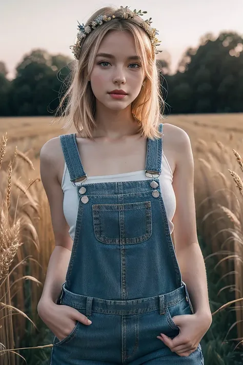 playful girl, blonde hair, long bob ,(in denim overalls ) a wreath on his head walks through a wheat field  ,( red lips), beauti...