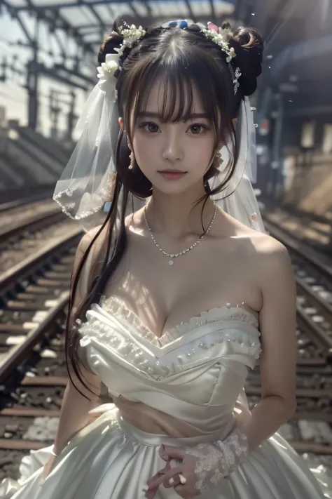 (((Pixel Perfect, Perfect details))), 2 girls，Shoulder to Shoulder，bride, yuigahama yui， Keep your mouth shut，pink glossy lips,bride子穿著bride禮服的特写,Gulwitz, (((bride頭紗)))，（Transparent short veil），blush，Eyeshadow，Blushing face，Head flower，headgear，((Bouquet))...