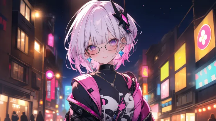 masterpiece.Highest quality.4K.Headphones、サイバーpunk、pink haired、Blue Hair、Goth_punk, One Girl, solo, Medium Shot, Walking around Harajuku, ((at night)), Bokeh Depth of Field, Neon Light, Rainbow Eyes, Starry Sky, 白くShiny Hair, White eyebrows, Shiny Hair, (I...