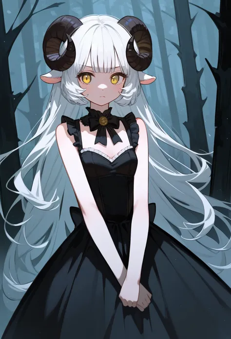 (score_9, score_8_up, score_7_up), 1girl, solo, (sheep horns, curled horns, black horns:1.2), (black sheep ears), white hair, long hair, hime cut, long bangs, pale skin, yellow eyes, serious, neutral, small breasts, standing, lolita fashion, (black dress, ...