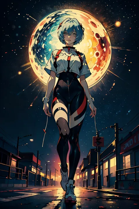 The iconic rei ayanami (evangelion) in the style of Leonardo da Vinci. High-quality and detailed graffiti-style rendition of Vincent van Goghs masterpiece "The Starry Night." The artwork combines the expressive and vibrant brushstrokes of van Goghs origina...