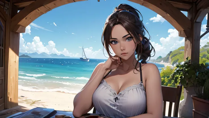 (8k, RAW foto, mejor calidad, (Obra maestra, super high quality, super detailed), anime style paisaje, chica joven, Absoluto, velas escarlatas, girl looking at the sea from the coast, camera looking at the sea, detalles intrincados, sailing ship with velas...