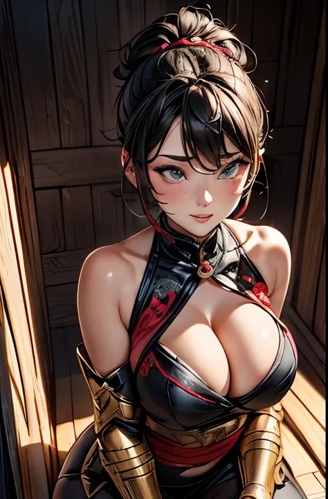 Beautiful kunoichi, lounging in the doorway, Ninja armor ,(katana on hand),trending on artstation, Sharp focus,, Intricate details, Highly detailed, playful smile, parted lips, full lips, intricate face details, Curvy physique, (Slim body), ((No bra),(((Ar...