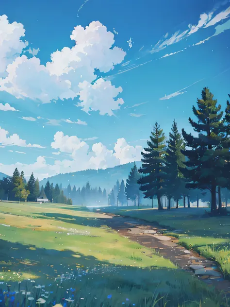 An empty meadow while the rainy sky covers the blue sky