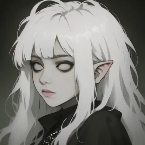 solo, 1girl, 20 year old changeling woman, thin body, white hair, white hair with bangs, extremely long hair, (white eyes, blank white eyes, no pupil), blank expression, portrait, bust portrait, small pointy ears, elf ears, white skin, unnatural white skin...