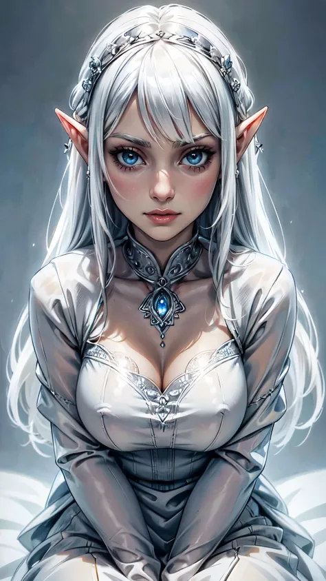 ((Best quality)), ((masterpiece)), (highly detailed:1.3),a woman white hair fringe elf dress white gold accessories, seated shy look flushed, detailed face detailed eyes, detailed hands