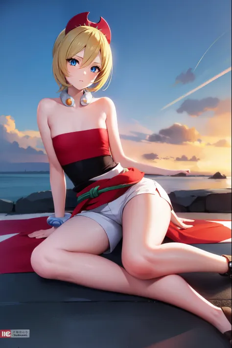 pokemonirida, pokemonirida, blonde hair, blue eyes, hair between eyes, medium hair, (small breasts:1.2),
BREAK bracelet, hat, jewelry, neck ring, red headwear, red shirt, sash, shirt, shorts, strapless, strapless shirt, waist cape, white shorts,
BREAK look...