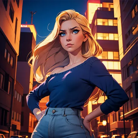 dramatic comic-book style,  realistic. a  blonde woman, blue eyes, chubby cheeks, full face. medium length straight hair over one shoulder. she wears a dark blue shirt with gold trim, wine colored bell bottoms. she stands straight backed, hands on hips. a ...