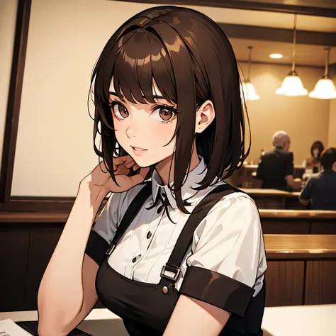 a 27-year-old italian girl with short brown hair with bangs on the left side of her face and who works as a waitress.