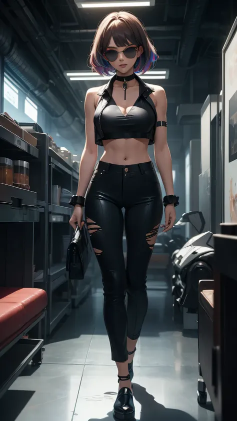 colorful, best quality, masterpiece, sexy, bad girl, muscular, smug, professional makeup, ruffled hair, choker, dark shades, sleeveless cropped top, pants, long transparent plastic jacket, rich, cool ,edgy, beautiful, futuristic, modern