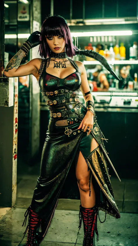 Mujer arafed con falda y camisa con el pelo puntiagudo., arte cyberpunk inspirado en Ayami Kojima, tendencia en CGSociety, gothic art, vestido con ropa punk, vestido con ropa crustpunk, wearing a traje punk, traje punk, vistiendo ropa punk, Chica gato atra...