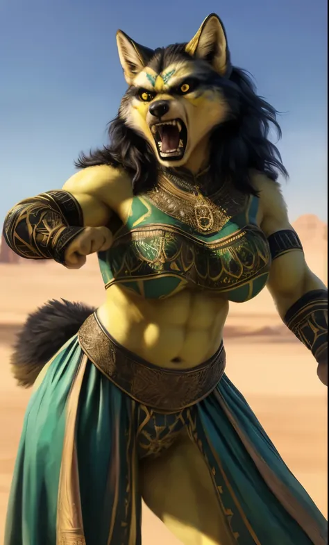 Wolf, anthro, black hair, portrait, (((full body portrait))), (((exotic arabic outfit))), (((greenish yellow face))), (((greenish yellow fur))), (((greenish yellow body))), muscular female, white eyes, curvy, voluptuous, (((black sclera))), female, solo, a...