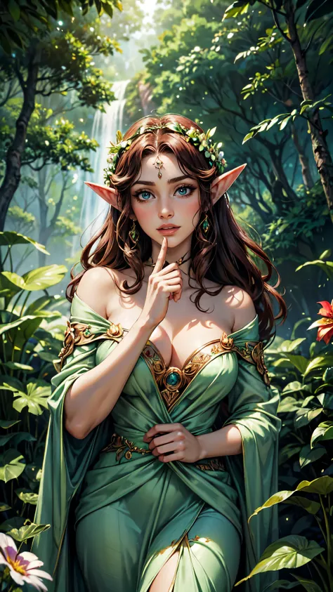 Uma mulher ruiva, vestido verde elegante, segurando uma flor, persephone in spring, fey queen of the summer forest, Deusa da Primavera, deusa flor, goddess of summer, Deusa da Natureza, the goddess of summer, elfa vestindo um terno da flor, estilo de arte ...