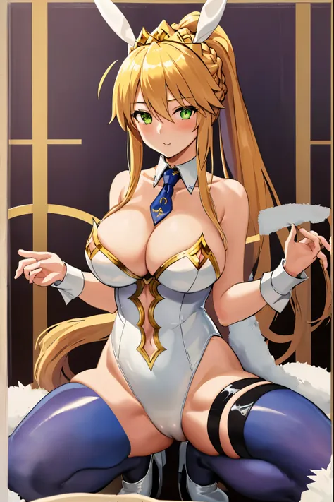 masterpiece, best quality, absurdres, looking at viewer, (light_smile:0.6),
1girl, ahoge, rabbit ears, playboy bunny, artoria pendragon (swimsuit ruler) (fate), large breasts , blonde hair, green eyes, french braid,  pony tail
bare shoulders, large breasts...