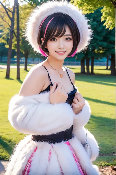 beautiful sexy idol, (-anime), only 1 idol, very short hair, beautiful smile, lipgloss, long lashes, defined eyebrows, detailed anime cosplay, fluffy fur outfit, cosplay accessoires, small headpiece, vivid colors, look at the camera, photo shoot pose, cine...