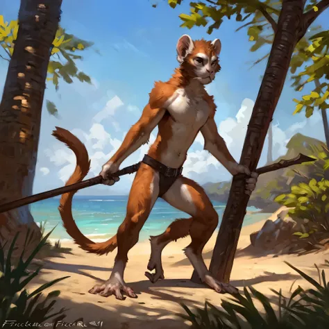 (Taran Fiddler), (Zackary911), Patas Monkey, solo, feral monkey, belt, staff, beach, trees, sand, small, short legs, skinny body, slender, slim mustache, thick eyebrows, prehensile feet, monkey tail, white mustache, grey face, grey hands, ineffective cloth...