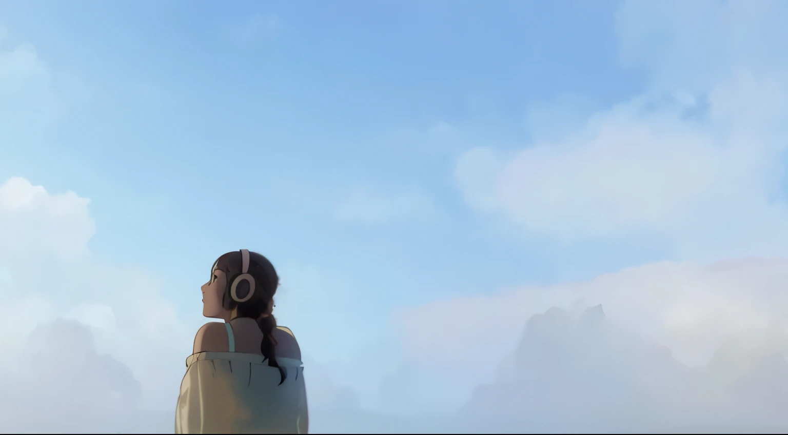 there is a woman standing on the beach with headphones on, looking to the sky, looking at the sky, looking into the distance, clear sky, music in the air, looking off into the distance, blue skies, lofi girl, cloudless sky, clear blue skies, looking up to ...