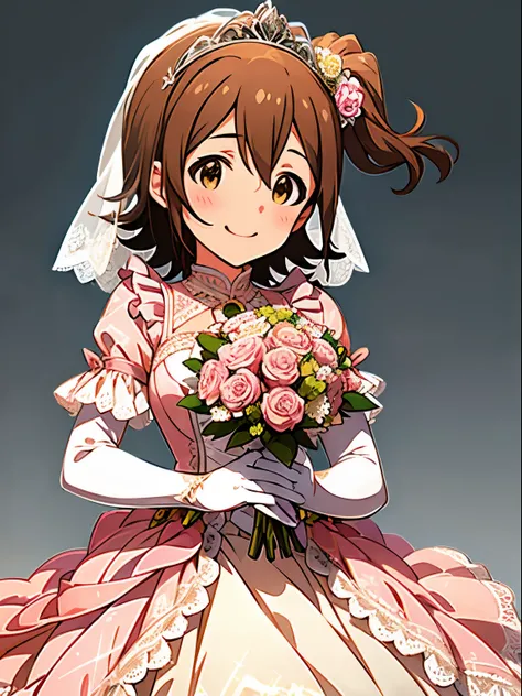 mirai kasuga (million live), 1 girl, Solo, Cute Girl,Best Quality, Ultra-detailed, 8K, High resolution, detailed face, looking at viewer, gentle smile, happy, (wedding dress, pink dress, lacy dress, long gloves, tiara, holding a bouquet),