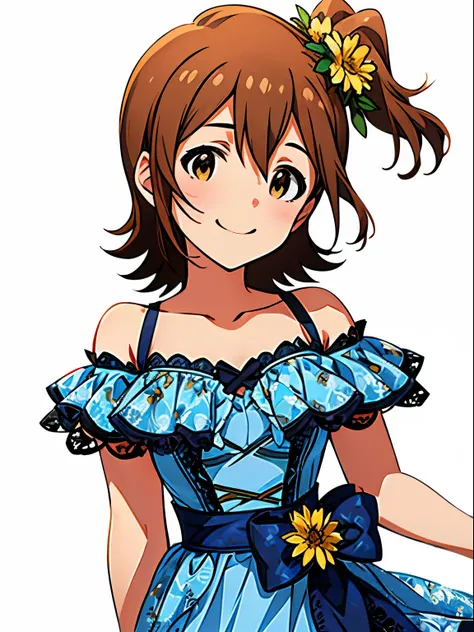 mirai kasuga (million live), 1 girl, Solo, Cute Girl,Best Quality, Ultra-detailed, 8K, High resolution, detailed face, looking at viewer, gentle smile, happy, (aqua blue dress, lacy dress, floral dress, off shoulder),