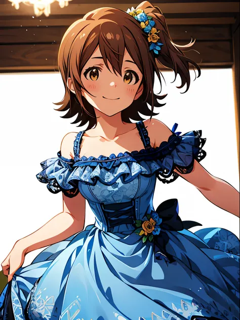 mirai kasuga (million live), 1 girl, Solo, Cute Girl,Best Quality, Ultra-detailed, 8K, High resolution, detailed face, looking at viewer, gentle smile, happy, (aqua blue dress, lacy dress, floral dress, off shoulder),