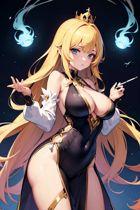 the female humanoid alien princess is smoking from a cigarette in her left handWhat has been your biggest disappointment while gaming/playing?, 1girl, breasts, solo, long hair, large breasts, dress, blonde hair, looking at viewer, crown, detached sleeves, ...