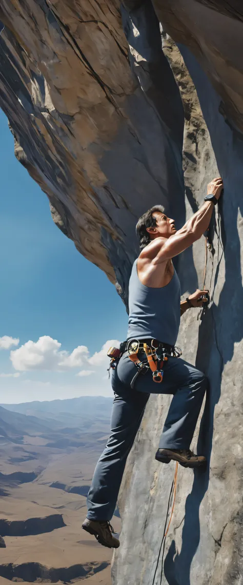 Sylvester Stallone in light clothing、The thrilling moment of free climbing up a towering cliff against the vast blue sky is captured in high-definition images.。This scene、Reflecting the sunlight shining through the clear, cloudless sky、It boasts an intrica...