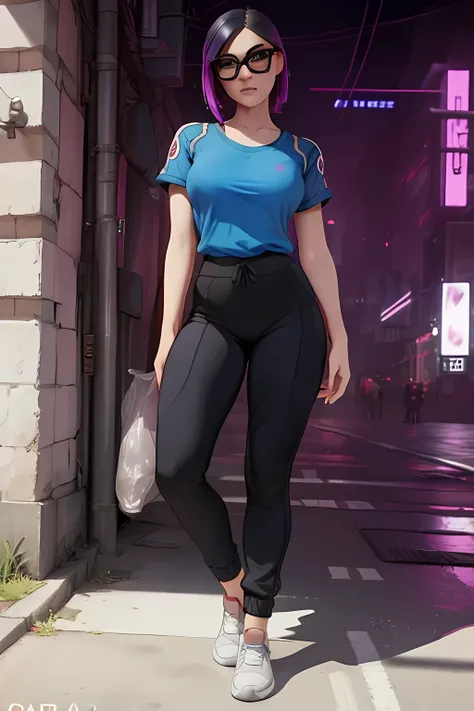 Traje de lino Cyberpunk, jogger pants Azul con negro Noche ,Extremadamente detallado, rostro detallado, gafas ,hermoso rostro, ojos finos, mirando al espectador, pose femenino.