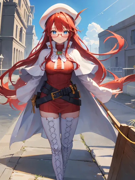 summonnightaty, aty, long hair, blue eyes, red hair, beret, hat, glasses,
BREAK long hair, thighhighs, hat, dress, boots, glasses, belt, cape, sweater, zettai ryouiki, beret, thigh boots, white footwear, ribbed sweater, loose belt,solo,
BREAK outdoors, fan...
