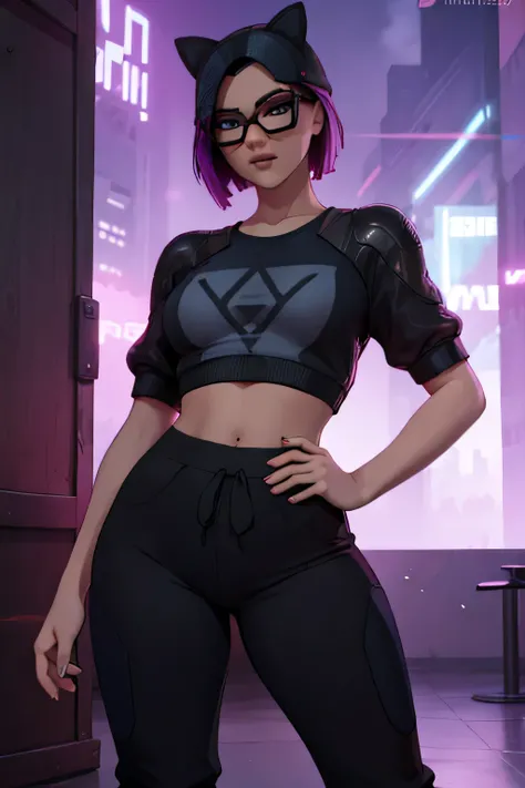 Traje de lino Cyberpunk, jogger pants Azul con negro Noche ,Extremadamente detallado, rostro detallado, gafas ,hermoso rostro, ojos finos, mirando al espectador, pose femenino.