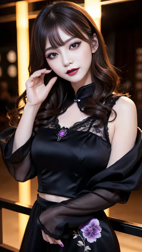 best quality、ultra-detailed、4k、Japanese、Seductive beauty、seductive adult woman、Pretty Woman、cool girl、Villainess、Brainwashed、brainwash、Fallen into evil、smirk、Evil look、Wicked Smile、evil、Brown hair、wavy hair、swept bangs、dark makeup、dark makeup、piercing eyes...