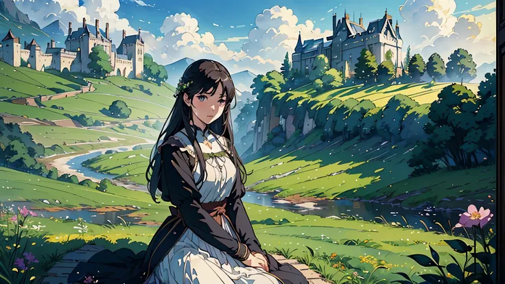 (highest quality、High resolution、masterpiece)、(Anime Art 4k)、(Realistic)、((Beautiful landscape photography))、((One Young Woman、whole body、Travel))、Cinema Lighting、Ray Tracing、Soft Light、Celtic landscape on a misty morning、((Castle ruins on the grassland))、...