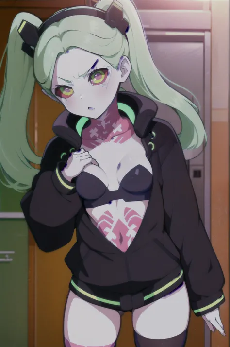 absurdres, highres, ultra detailed, rebecca, , solo, green hair, red sclera, pink tattoo, purple lips, twintails, hairband, headgear, black jacket, open clothes, black bra , looking at viewer, angry face , city, night sexy . Pantie black  , long socks. Sta...