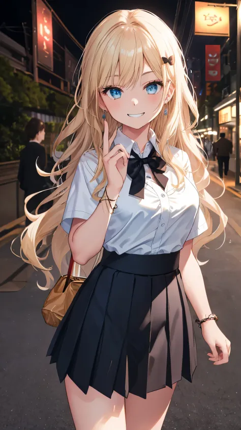 (8k、highest quality、highest quality、masterpiece)、detailed face、one girl、blonde、long hair、wavy hair、light blue eyes、evil smile、((...