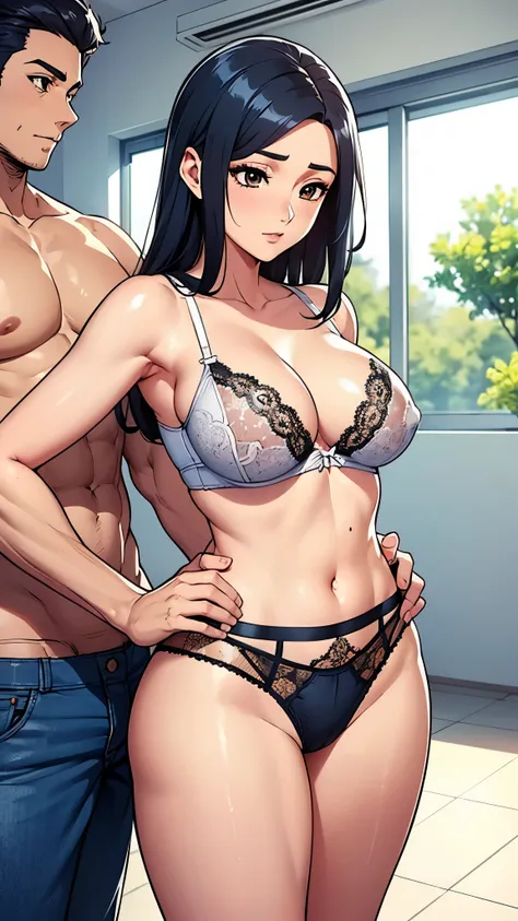 8K,high quality,anime,married woman,fair skinned,beautiful face,small face,clean,bright,eye highlights,sexy,super big tits,beautiful line drawing. Black hair, white skin, brown eyes, black underwear, in the process of changing, undressing, background depic...