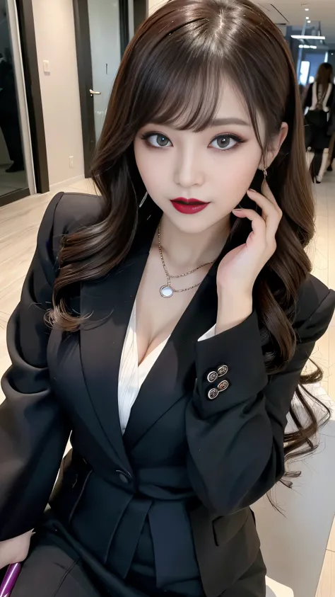 best quality、ultra-detailed、4k、Japanese、Seductive beauty、seductive adult woman、Pretty Woman、cool girl、Villainess、Brainwashed、brainwash、Fallen into evil、smirk、Evil look、Wicked Smile、evil、Brown hair、wavy hair、swept bangs、dark makeup、dark makeup、piercing eyes...