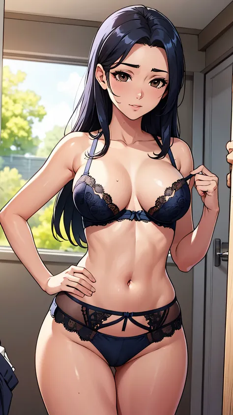 8K,high quality,anime,married woman,fair skinned,beautiful face,small face,clean,bright,eye highlights,sexy,super big tits,beautiful line drawing. Black hair, white skin, brown eyes, black underwear, in the process of changing, undressing, background depic...