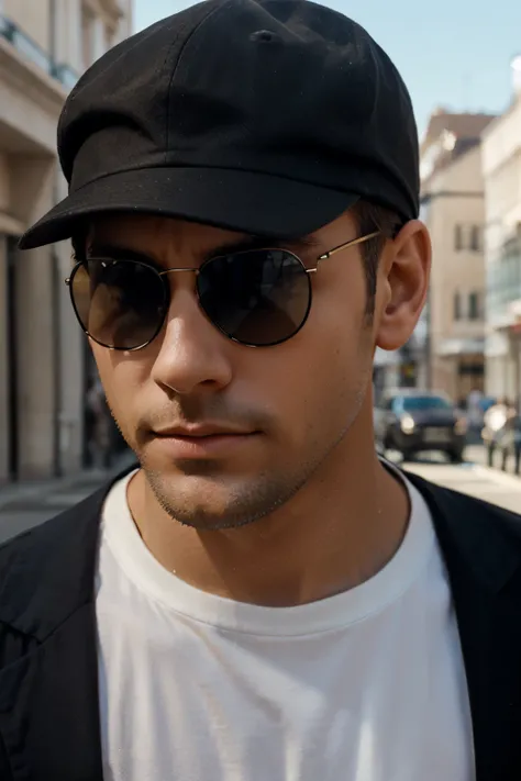 a male person, focusing on his face, wearing sunglasses and with a photorealistic look, and a cap covering his face