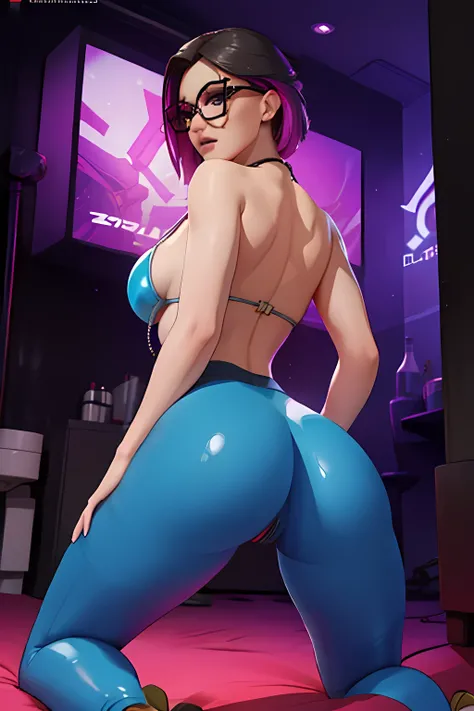 Cyberpunk bikini linen outfit with blue latex leggings, pussy sex, Noche ,Extremadamente detallado, rostro detallado, gafas ,hermoso rostro, ojos finos, looking back at the viewer , pose femenino.