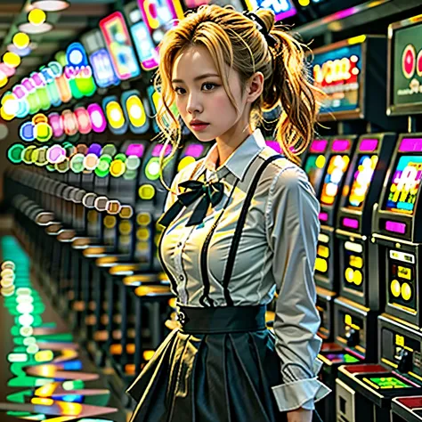 A young and beautiful woman、Hair Bun、Blonde with dark roots、clerk、staff、Forward bending pose:1.65、 look back、Beautiful profile、Surprised face、Her skirt moves(panties exposed:1.22)、(White Shirt、Ribbon bow tie、mini skirt、Quilted vest、)、A hallway lined with s...