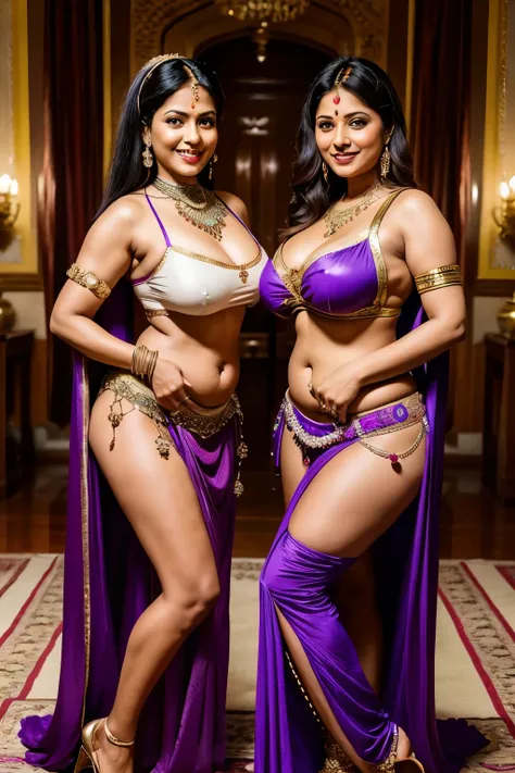 two mature indian women、Toothy Smile、Huge breasts、Voluptuous body、Purple belly dance decorations and costumes、Inside an Indian mansion