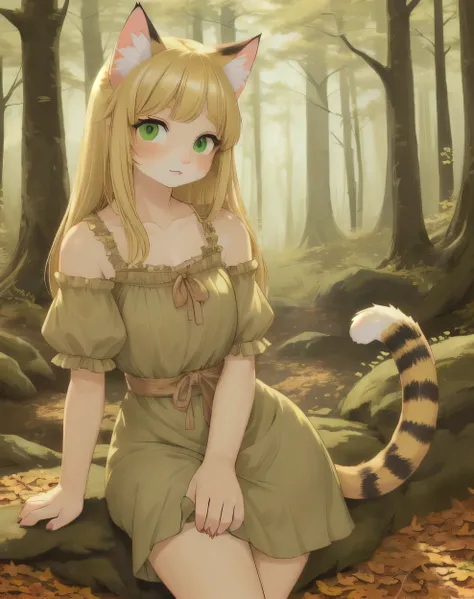 1girl, (Feminine), curvy body, solo, masterpiece, forest, scenery, (female cat girl:1.2), ((Beautiful blonde hair)), green eyes, (Wearing natural clothes made from leaves), ((high colors))