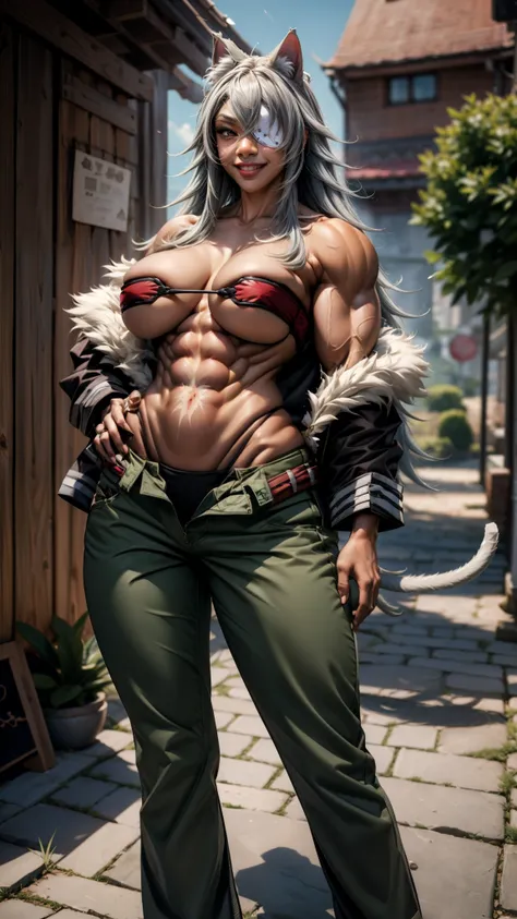 best quality, masterpiece, 1girl, (solo:1.1), raytracing, ultra detailed,detailed face, 8k wallpaper, wide hips, smile, GhislaineDedoldiaNDV, 1girl, grey hair, red eyes, animal ears, cat ears, tail, large breasts, very long hair, dark skin, muscular female...