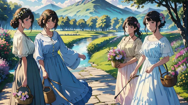 (highest quality、masterpiece、High resolution)、(Sargent-style watercolor)、(Anime Art)、Soft Light、Cotswolds view、Old farmhouse、flowers bloom、((Three Women、We are all taking a walk、Holding a basket of flowers))、(Detailed depiction of a beautiful face)、Smiling...