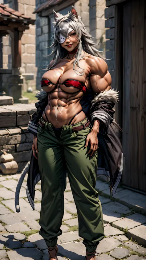 best quality, masterpiece, 1girl, (solo:1.1), raytracing, ultra detailed,detailed face, 8k wallpaper, wide hips, smile, GhislaineDedoldiaNDV, 1girl, grey hair, red eyes, animal ears, cat ears, tail, large breasts, very long hair, dark skin, muscular female...