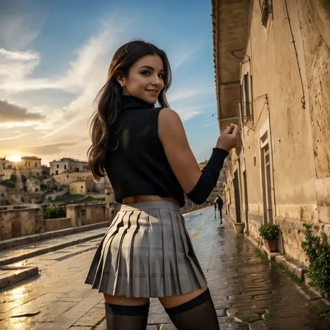 1 woman, long loose black hair, in sassi_di_matera, landscape of matera, solo, alone, outdoors, buildings, clouds and milky way ...