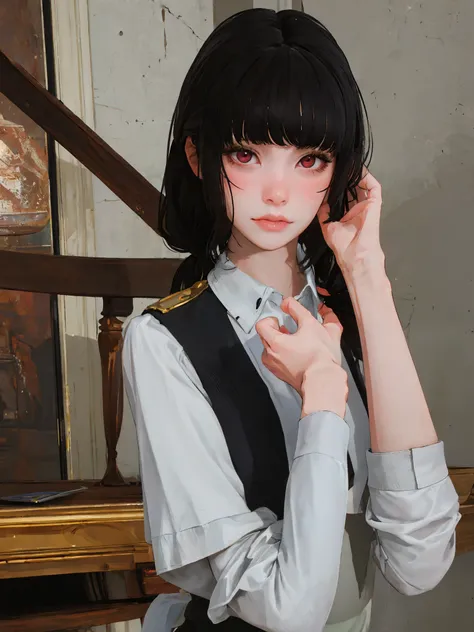 masterpiece, highly detailed, best quality, 1girl, solo, Luna, black hair, loose low tied hair, red eyes, uniform