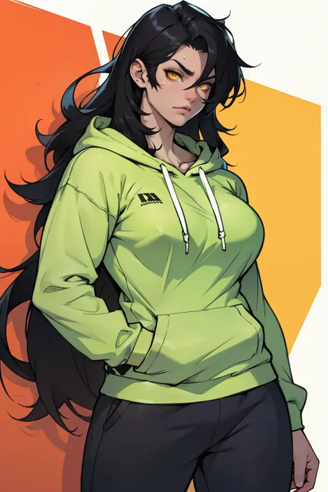 ((1girl muscular)) pale skin black hair very long hair yellow eyes large breasts hoodie sweatpants