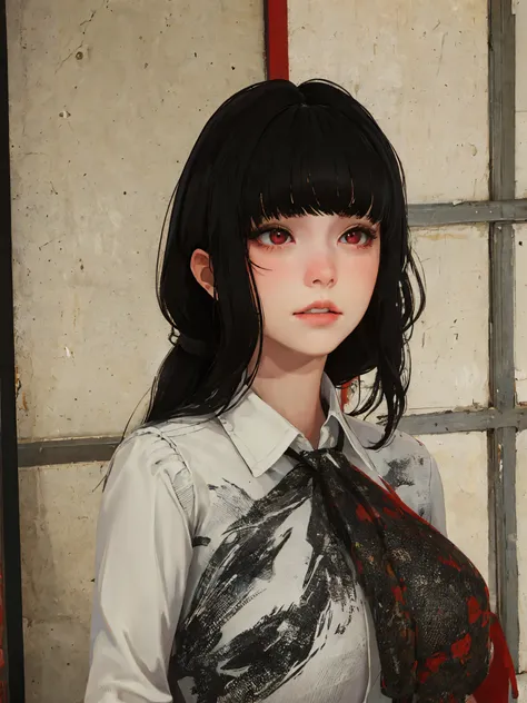 masterpiece, highly detailed, best quality, 1girl, solo, Luna, black hair, loose low tied hair, red eyes, uniform