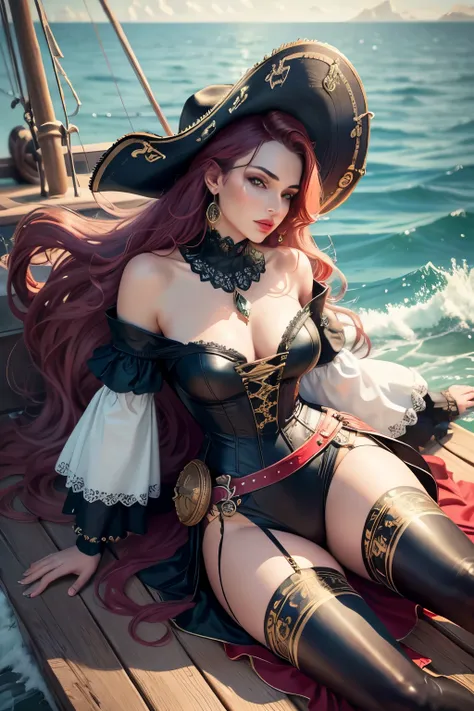 (best quality,4k,8k,highres,masterpiece:1.2),ultra-detailed,realistic,beautiful woman,pirate outfit,plain background,astonishing details,vivid colors,long flowing hair,bold and confident expression,ornate pirate hat,eye-catching gold accessories,ships whee...